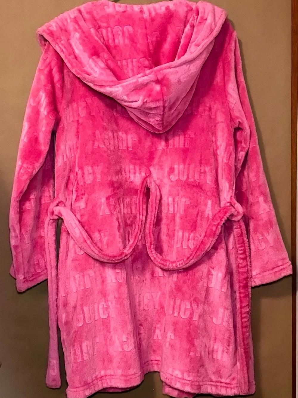 Pink Embossed Logo Fleece Hooded Plush Robe Belted Bathrobe
